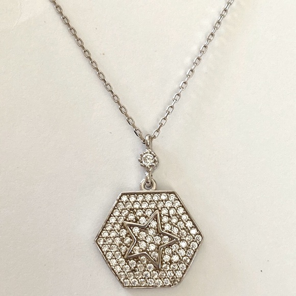 925 Silver hexagon star compass cz stones necklace - Picture 2 of 2